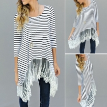 Fashion 3/4 Sleeve Round Neck Irregular Lace Spliced Hem Striped T-shirt