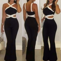 Sexy Backless Hollow Out High Waist Contrast Color Jumpsuits