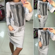 Fashion Long Sleeve Round Neck Tops + High Waist Bust Skirt Two-piece Set