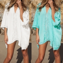 Sexy Deep V-neck Hollow Out Lace Spliced Beach Dress