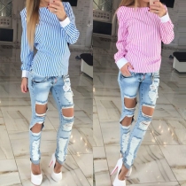 Sexy Backless Long Sleeve Striped Shirt