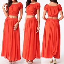 Sexy Short Sleeve Crop Tops + High Waist Maxi Skirt Two-piece Set