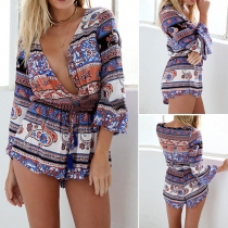 Sexy Deep V-neck Long Sleeve Printed Rompers