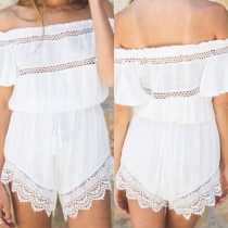 Sexy Slash Neck Short Sleeve Lace Spliced Gathered Waist Rompers
