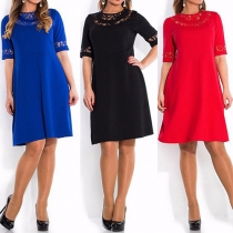 Fashion Solid Color Lace Spliced Half Sleeve Round Neck Dress