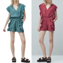 Fashion Solid Color V-neck Sleeveless Flouncing Rompers