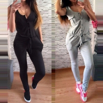 Fashion Solid Color Sleeveless Gathered Waist Jumpsuits