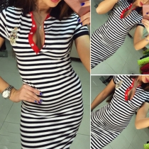 Fashion Short Sleeve V-neck Slim Fit Striped Dress