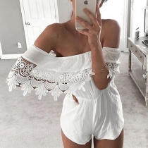 Sexy Lace Spliced Slash Neck Gathered Waist Rompers