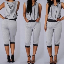 Fashion Sleeveless Hooded Tops + High Waist Cropped Pants Sports Suits