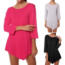Fashion Solid Color 3/4 Sleeve Round Neck Irregular Hem T-shirt