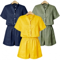Fashion Solid Color Short Sleeve Stand Collar Gathered Waist Rompers