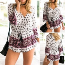 Ethnic Style Trumpet-sleeve V-neck Printed Rompers