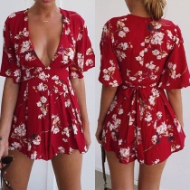 Sexy Deep V-neck Short Sleeve Printed Rompers