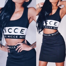 Fashion Letters Printed Sleeveless Crop Tops + High Waist Bust Skirt Two-piece Set