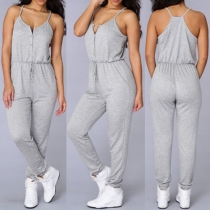 Fashion Solid Color Gathered Waist Slim Fit Sling Jumpsuits