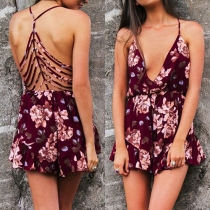Sexy Backless Deep V-neck Printed Sling Rompers