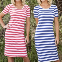 Fashion Short Sleeve Round Neck Striped T-shirt Dress