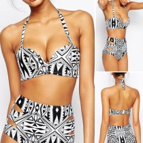 Sexy Geometric Print High Waist Halter Bikini Set
