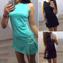 Fashion Solid Color Sleeveless Round Neck Lace-up Hem Slim Fit Dress