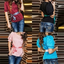 Fashion Solid Color Puff Sleeve Round Neck Tops 