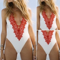 Sexy Lace Spliced Deep V-neck One-piece Bikini