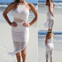 Sexy Off-shoulder Gauze Spliced Slit Hem Beach Dress
