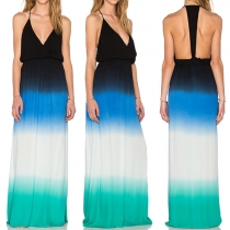Bohemian Style Backless V-neck Color Gradient Maxi Dress