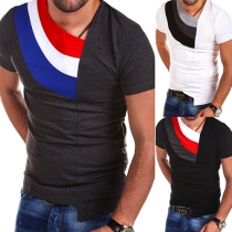 Fashion Contrast Color Short Sleeve Irregular V-neck Men's T-shirt