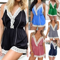 Sexy Backless Deep V-neck Lace Spliced Sling Rompers
