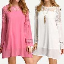 Fashion Solid Color Lace Spliced Long Sleeve Round neck Shift Dress
