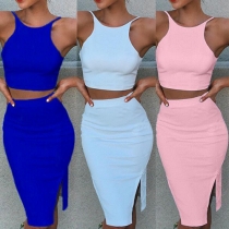 Sexy Solid Color Cami Tops + High Waist Slit Hem Bust Skirt Two-piece Set