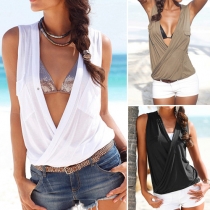 Sexy Deep V-neck Sleeveless Solid Color Tops