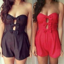 Sexy Strapless Hollow Out Bowknot Solid Color Rompers