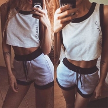 Fashion Contrast Color Sleeveless Tops + High Waist Shorts Sports Suit