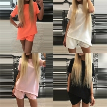 Fashion Solid Color Short Sleeve Irregular Hem Tops + High Waist Shorts Two-piece Set