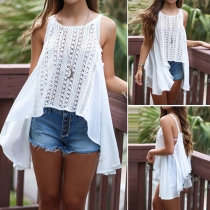 Fashion Sleeveless Round Neck Irregular Hem Hollow Out Lace Spliced Tops 