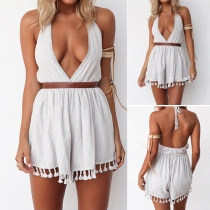 Sexy Backless Deep V-neck Tassel Hem Rompers