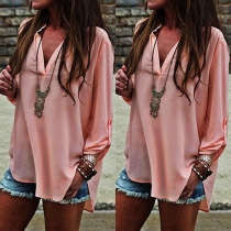 Fashion Solid Color Long Sleeve V-neck Loose Chiffon Tops 