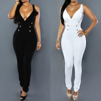 Sexy Deep V-neck Double-breasted Sleeveless Slim Fit Jumpsuits