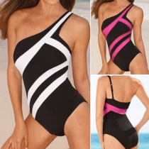 Sexy One-shoulder Contrast Color One-piece Bikini Swimsuit