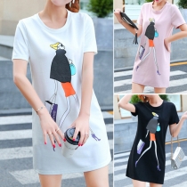 Fresh Style Short Sleeve Round Neck Printed T-shirt Dress
