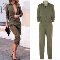 Fashion Solid Color Long Sleeve POLO Collar Slim Fit Jumpsuits