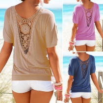 Sexy Hollow Out Lace Spliced Short Sleeve Round Neck Loose T-shirt