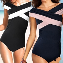 Sexy Contrast Color Crossover One-piece Bikini