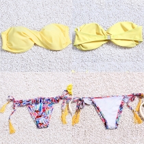 Sexy Bandeau Bra + Printed Triangle Briefs Bikini Set