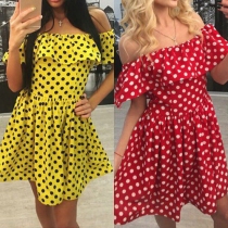 Sexy Flouncing Slash Neck Dots Printed Dress