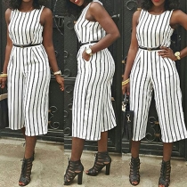 Fashion Sleeveless Round Neck High Waist Striped Jumpsuits