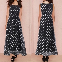 Fashion Sleeveless Round Neck Dots Printed Chiffon Maxi Dress