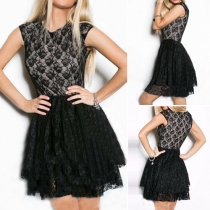 Fashion Sleeveless Round Neck Gathered Waist Lace Dress